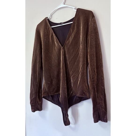 Express Metallic Brown Deep V-Neck Long Sleeve Bodysuit – Size XL, Party Top - Picture 2 of 5